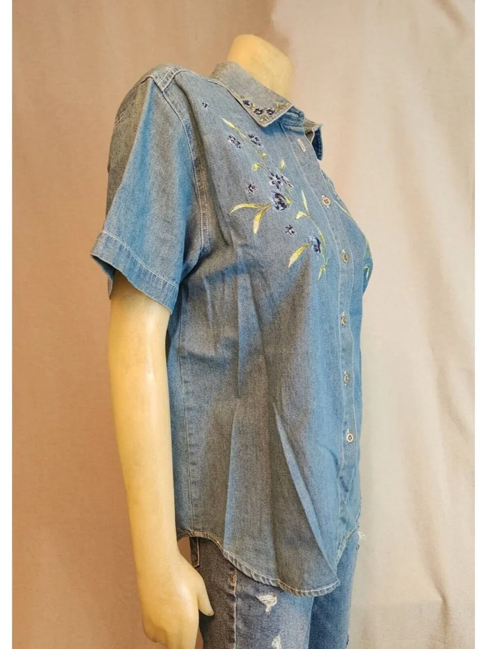 Capacity Petites Denim Blue Floral Button 90s Blouse Shirt Top Womens MEDIUM - Picture 5 of 6